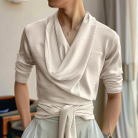 INCERUN Mannen Franse Elegantie Gedrapeerde Halsshirt Mode Hoge Elasticiteit Effen Kleur Lange Mouwen Top voor Mannen