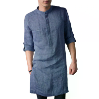 INCERUN Mannen Islamitische Thobe Kaftan Knie lengte Maxi Tuniek Shirts Gown Standkraag Lange Mouw Mid lange Casual Shir