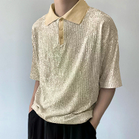 INCERUN Mannen Sequin Sparkle Glitter Patchwork T shirt Mode Korte Mouw Revers Top T shirt voor Mannen