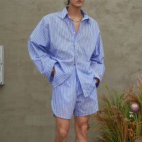 INCERUN Mannenmode Gestreepte Losse Twee Stuks Outfit Comfortabele Lange Mouwen Shirt & Korte Twee delige Kostuums