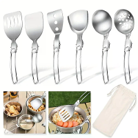 IPRee 6 delige Keukenaccessoires Multifunctioneel Vouwgerei Kookgerei RVS Draagbare Vouwsoeplepel, Doorlatende Lepel, Sc