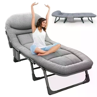 IPRee Opvouwbare Buiten Chaise Lounge Stoel,voor Zonnebaden,Draagbaar Slaapkamperen Opvouwbaar Bed met Matras en Kussen