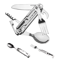 IPRee Outdoor RVS Multifunctionele Kampeer Vouwmes Vork en Lepel Kampeerspullen Panier Osier Kampeerspullen