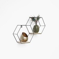 Dubbel zeshoekig metalen wandrek met 2 houten plankjes   30,5x41 cm   Zwart