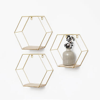 Set van 3 zeshoekige metalen wandrekjes met houten plankje   Goud