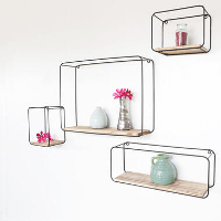 Set van 4 rechthoekige metalen wandrekjes met houten plankje   Zwart