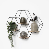 Vierdubbel zeshoekig metalen wandrek met 4 houten plankjes   40,5x58 cm   Zwart