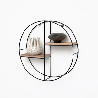 Zwart metalen wandrek met 2 houten plankjes   Rond   37x10 cm