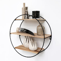 Zwart metalen wandrek met 3 houten plankjes   Rond   50x19 cm
