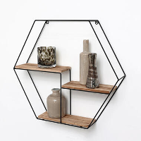 Zwart metalen wandrek met 3 houten plankjes   Zeshoek   48x55x10 cm