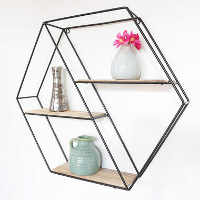 Zwart metalen wandrek met 3 houten plankjes   Zeshoek diagonaal