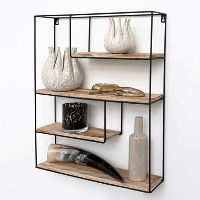 Zwart metalen wandrek met 4 houten plankjes   Rechthoek   55x45x11 cm