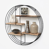 Zwart metalen wandrek met 4 houten plankjes   Rond   50x11 cm