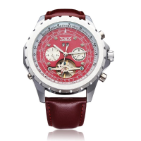 Jaragar Mechanical Tourbillon Pu Leather 3 Dial Red Men Wrist Watch