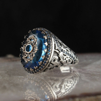JASSY 1 Pc Vintage gegraveerd patroon blauwe zirkoon legering ring
