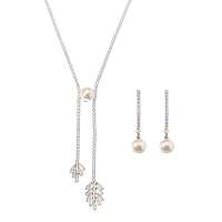 Jassy® Elegant Women Jewelry Set Pearl Earrings Shiny Zircon Leaf Pendant Necklace Platinum Plated