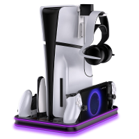 JYS P5201 Multifunctionele Oplaadstandaard RGB Koelventilator Systeem Basis met Oordopjeshaak voor PS5 Slim Dual Gamepad
