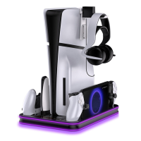 Voor PS5/PS5 Slim Host Multifunctioneel Oplaaddock met Hoofdtelefoonhaak Dubbele Gamepad lader RGB Koelstandaard met USB