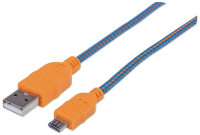 Manhattan USB 2.0 Aansluitkabel [1x USB A 2.0 Stekker   1x Micro USB 2.0 Stekker B] 1.8 M Oranje, Blauw Vergulde steekcontacten, Stoffen mantel, UL