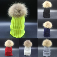 Kids Boy Girl Knit Raccoon Fur Winter Warm Pom Bobble Hat Crochet Beanie Ski Cap