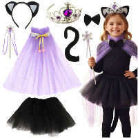 Katten kostuum   7 delig   zwart/paars   polyester   carnaval   halloween   kinderen   meisjes