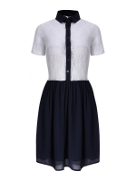 Lace Dress Pleated Shirt Turn Down Collar Blue Dress