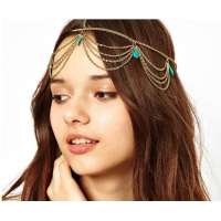 Lady Headdress Turquoise Stone Gold Headband Hair Cuff Chain