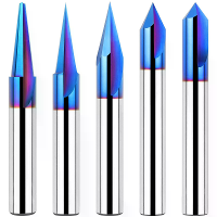 1/4 Inch Schacht CNC Houtsnij Router Bits Set 15/20/30/60/90 Graad Graveerbiten 2 Sleuven Rechte CNC V bit met Nano Blau