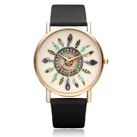 Leaf Feather Pu Leather Gold Women Round Quartz Wrist Watch