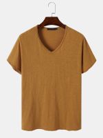 Heren 100% katoen effen plooien V hals Soft ademend All Matched casual T shirt