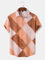 Heren Argyle Contrast Kleur Revers Knop Voorzijde Korte Mouw Casual Shirts