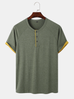 Heren contrasterende rand knopen aan de voorkant O hals Soft ademend All Matched Leisure T shirt