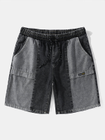 Heren denim colorblock appliqué halflange wijde broek met wijde pijpen