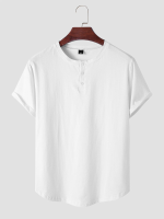 Heren effen halve knopen O hals Soft Ademend kort casual T shirt met korte mouwen