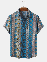 Heren etnische print patchwork korte mouw sierlijke revers Hawaii stijl shirts