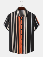 Heren gestreepte vintage stijl korte mouw Soft Ademende reverskraag Korte shirts