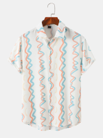 Heren Golven raken kleurenafbeelding Soft Ademend All Matched Revers Casual Shirts