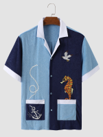 Heren handdoek patchwork Zie paard geborduurde knopen vooraan Revere kraag Hawaii shirts
