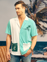 Heren palmboom geborduurde shirts met dubbele zak en korte mouwen