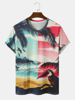 Heren Papegaai & Palmboom Landschapspatroon Alle overeenkomende huidvriendelijke T shirts