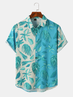 Heren Plantenprint Vintage Stijl Revers Tweekleurige Korte Mouwen Alle Matched Shirts