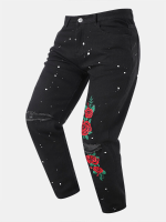 Heren Ripped Splash inkt Rits Rose geborduurde lange jeansbroek