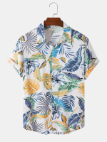 Heren tropisch blad meerkleurige knopen omhoog Hawaii stijl vakantie casual shirts met korte mouwen