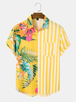 Heren tropische bladeren en gestreepte patchwork Alle bijpassende huidvriendelijke shirts