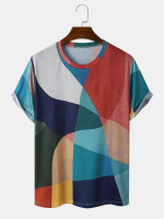 Mannen geometrische kleurblok abstracte print ronde hals Soft ademende T shirts