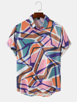 Mannen geometrische multikleurige print korte mouw casual overhemden
