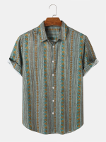 Mannen Retro Etnische Gestreepte Print Knopen Omhoog Reverskraag Shirts met Korte Mouwen
