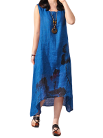 Loose Women Sleeveless Lotus Ink Painting Cotton Linen Irregular Dress