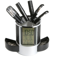 Loskii Dx 111 Black Digital Led Desk Alarm Clock Mesh Pen Pencil Holder Calendar Timer Temperature
