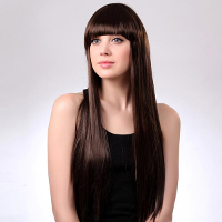 Ls002 6 Capless Long Synthetic Dark Brown Neat Bang Straight Hair Wig